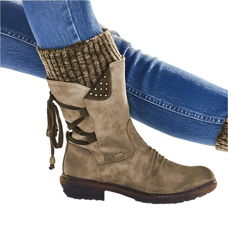 Fiona - Women's Lace-Up Mid-Calf Boots with Knit Cuff and Buckle Strap