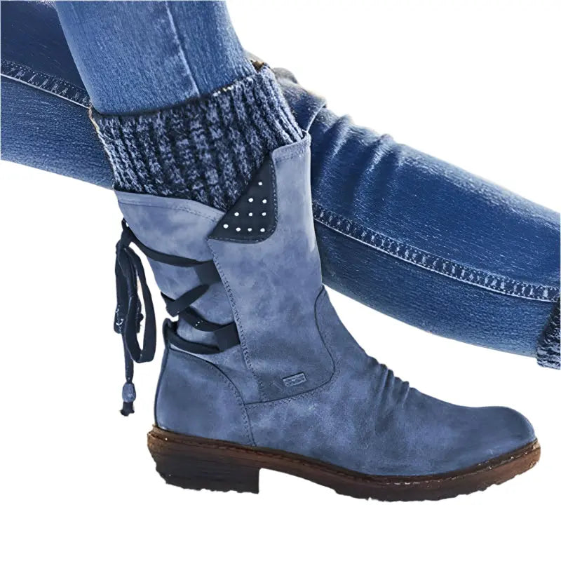 Fiona - Women's Lace-Up Mid-Calf Boots with Knit Cuff and Buckle Strap