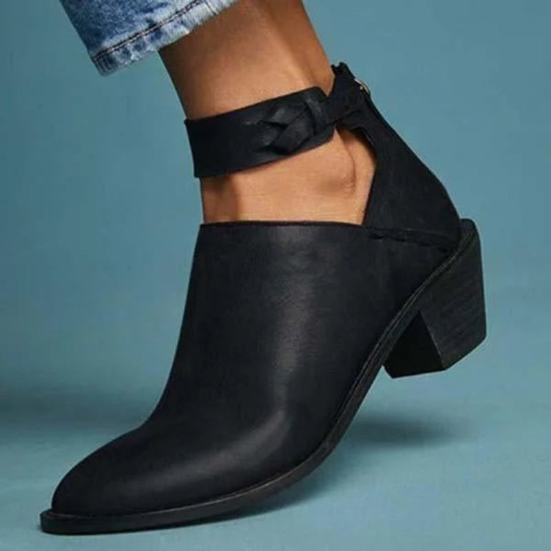 Sarah - Women's Block Heel Ankle Boots with Buckle Strap and Cutout Design