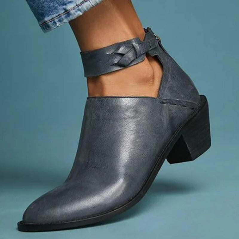 Sarah - Women's Block Heel Ankle Boots with Buckle Strap and Cutout Design
