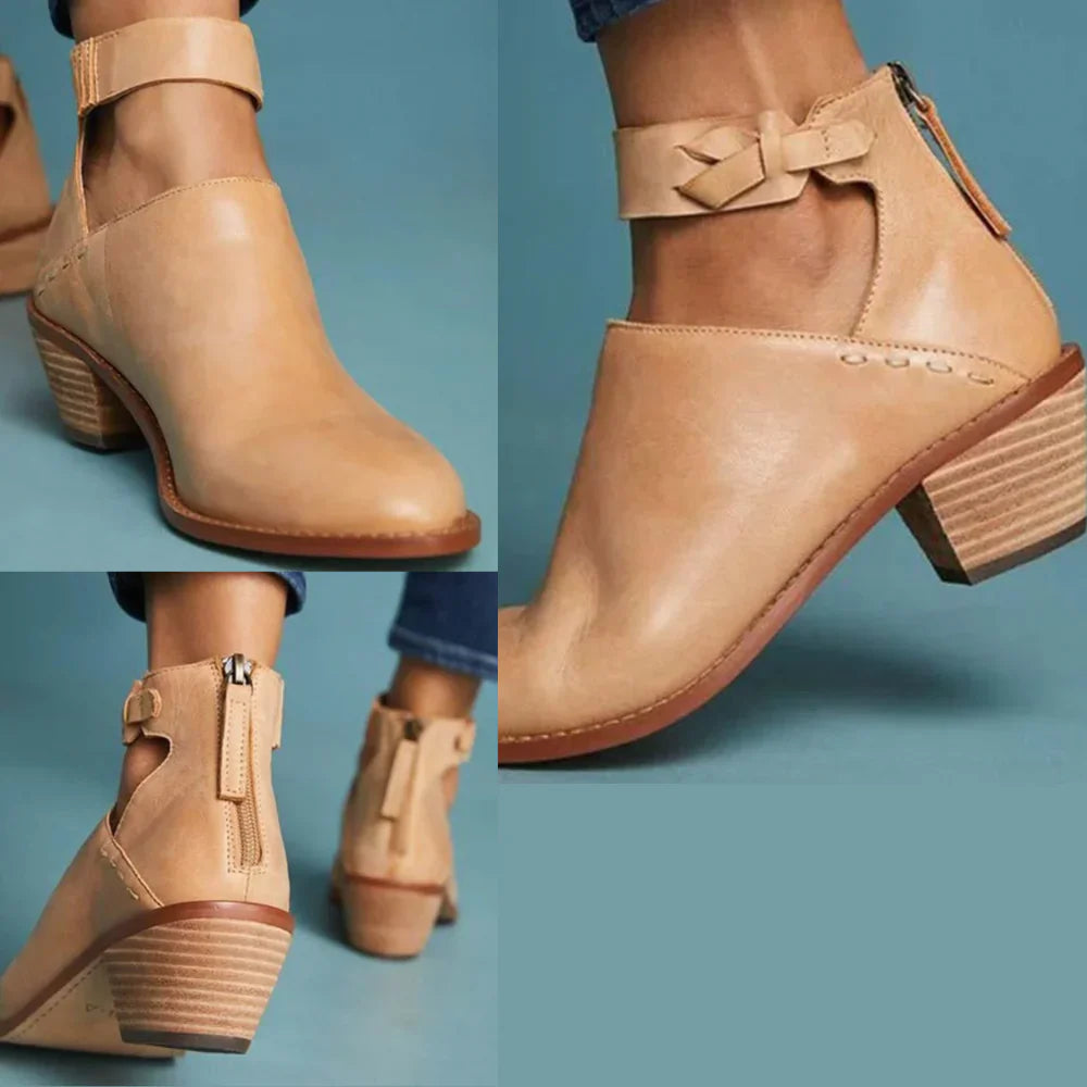 Sarah - Women's Block Heel Ankle Boots with Buckle Strap and Cutout Design