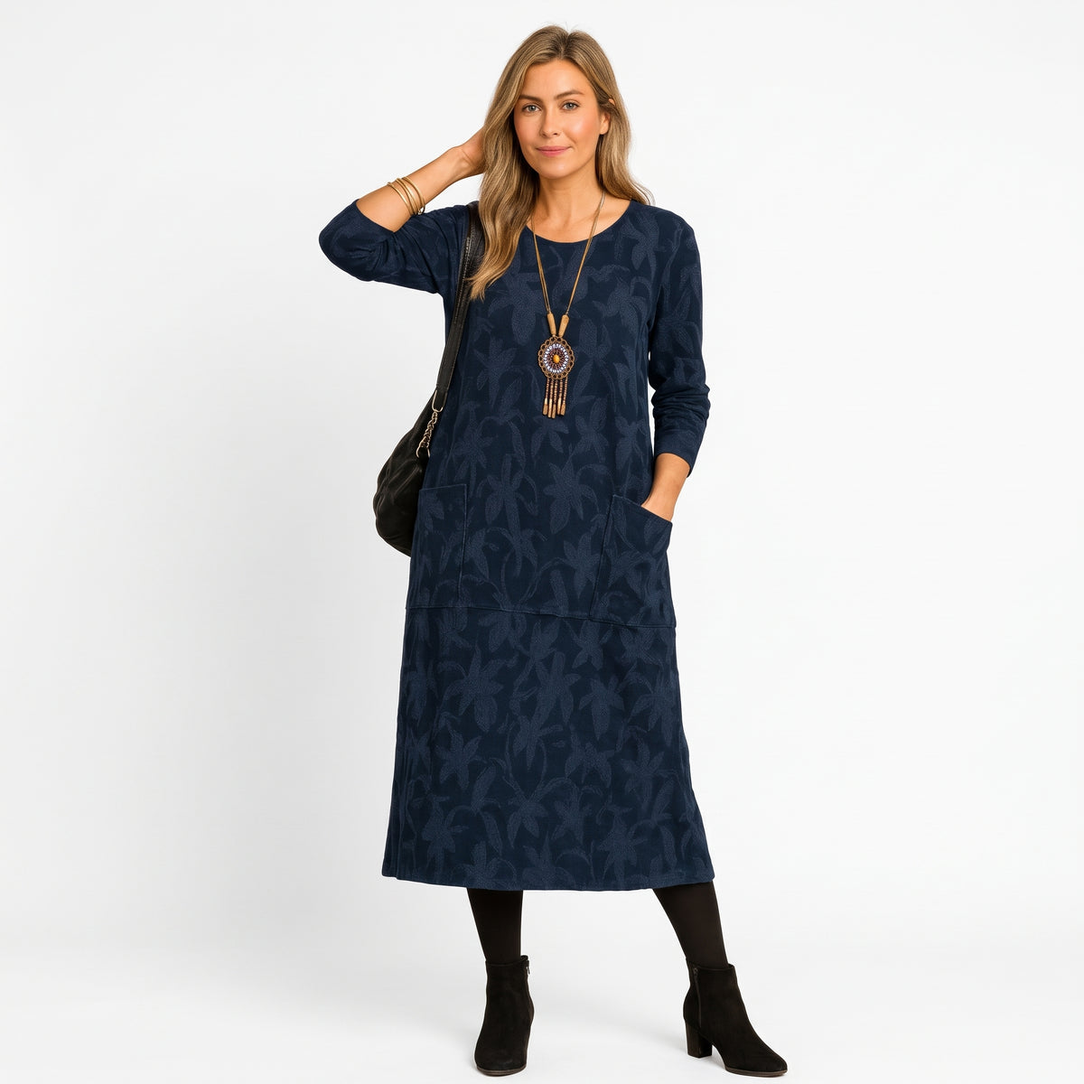 Leah - Women's Long Sleeve Pocket Midi Dress with Leaf Print