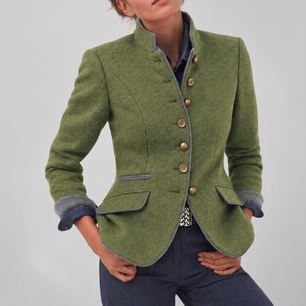 Isabella - Women's Stand Collar Contrast Trim Tailored Jacket