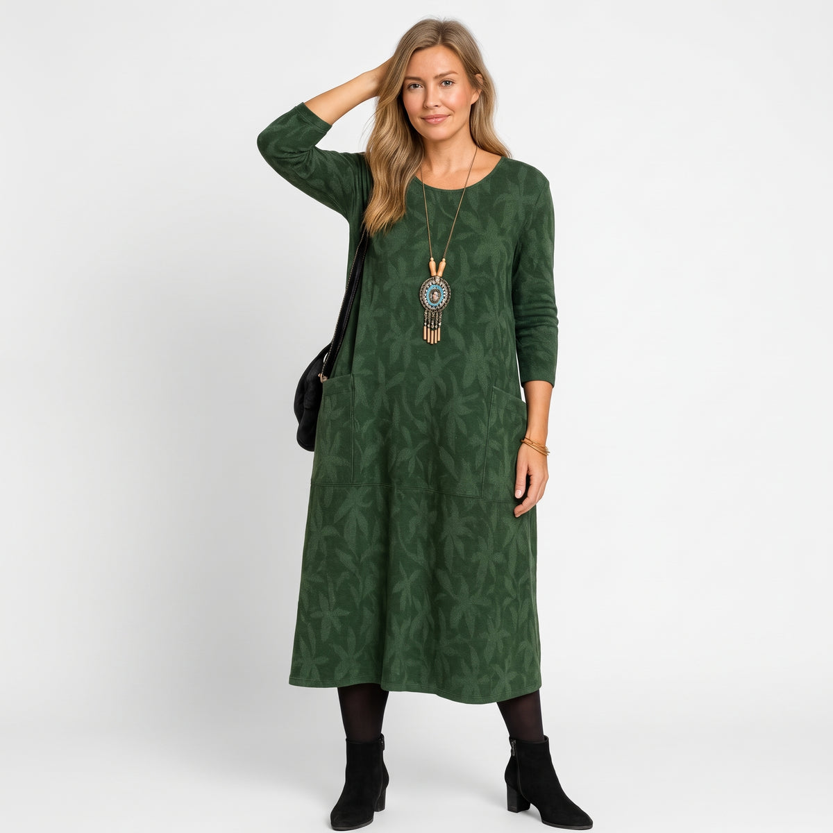 Leah - Women's Long Sleeve Pocket Midi Dress with Leaf Print