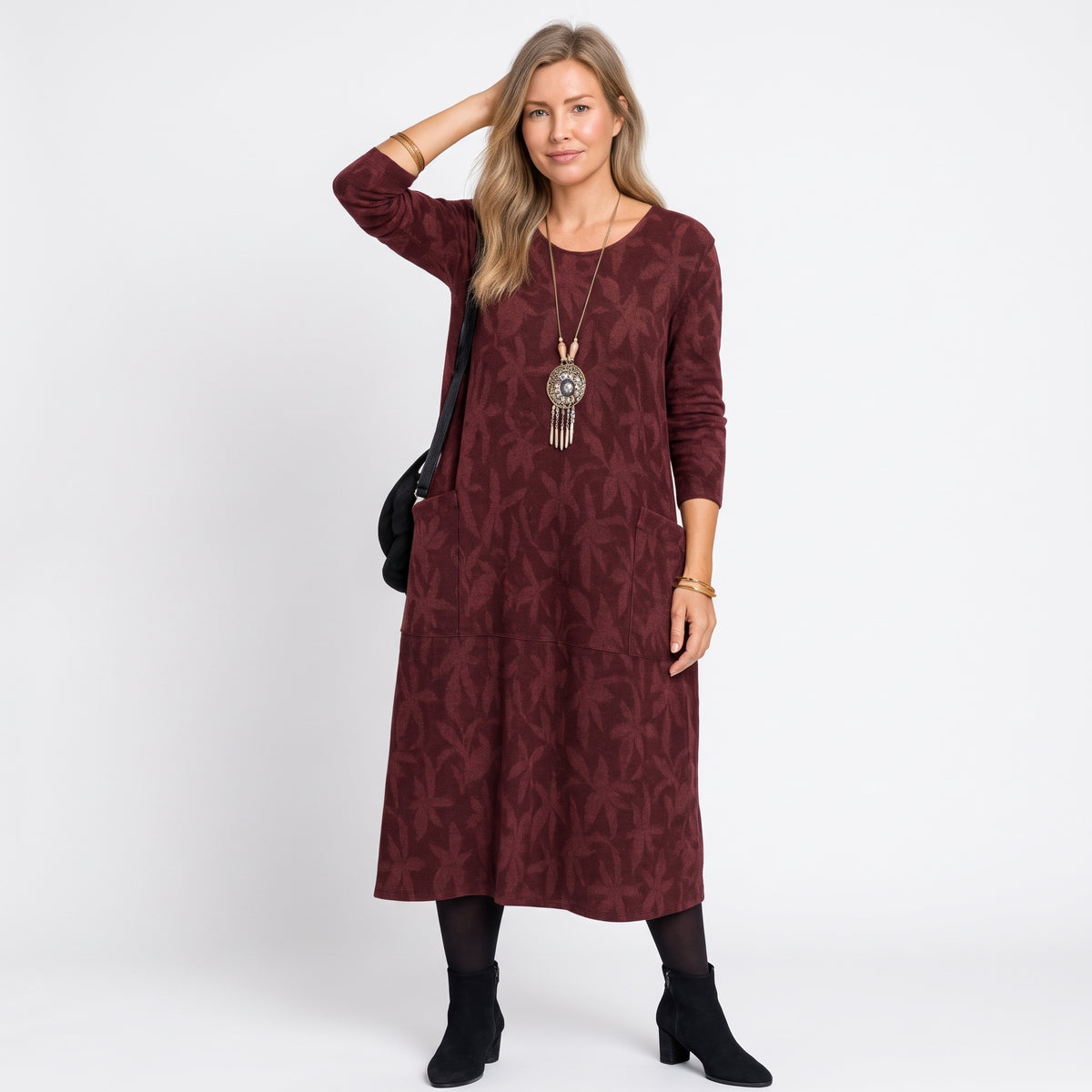 Leah - Women's Long Sleeve Pocket Midi Dress with Leaf Print