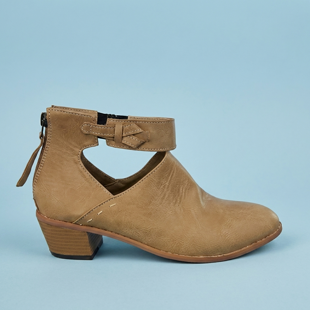 Sarah - Women's Block Heel Ankle Boots with Buckle Strap and Cutout Design