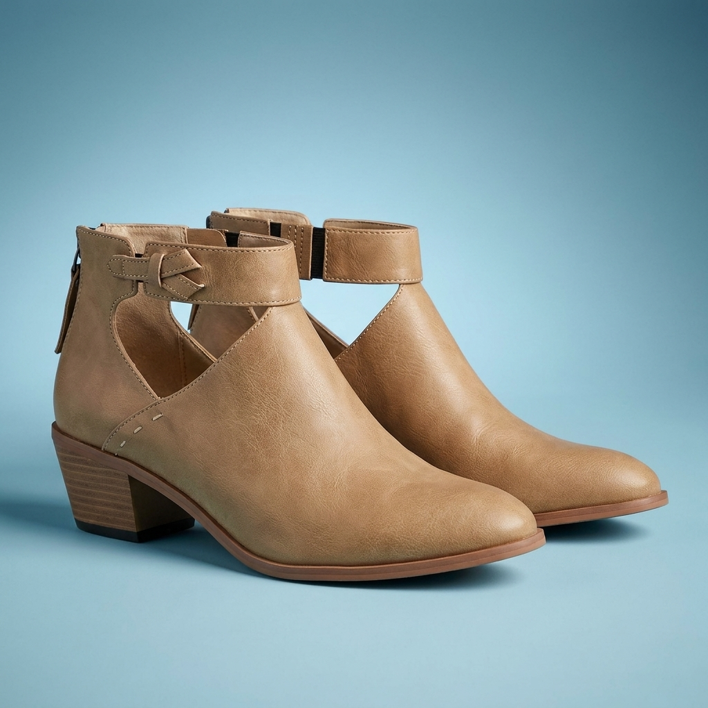 Sarah - Women's Block Heel Ankle Boots with Buckle Strap and Cutout Design