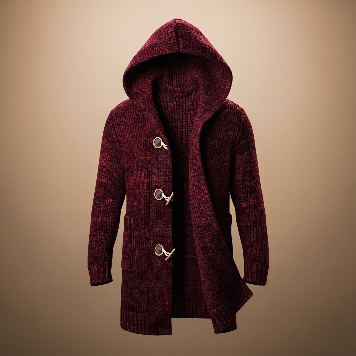 Adrian - Men's Longline Hooded Knit Cardigan with Toggle Buttons - Cardigans - Red - Parker&Brooks
