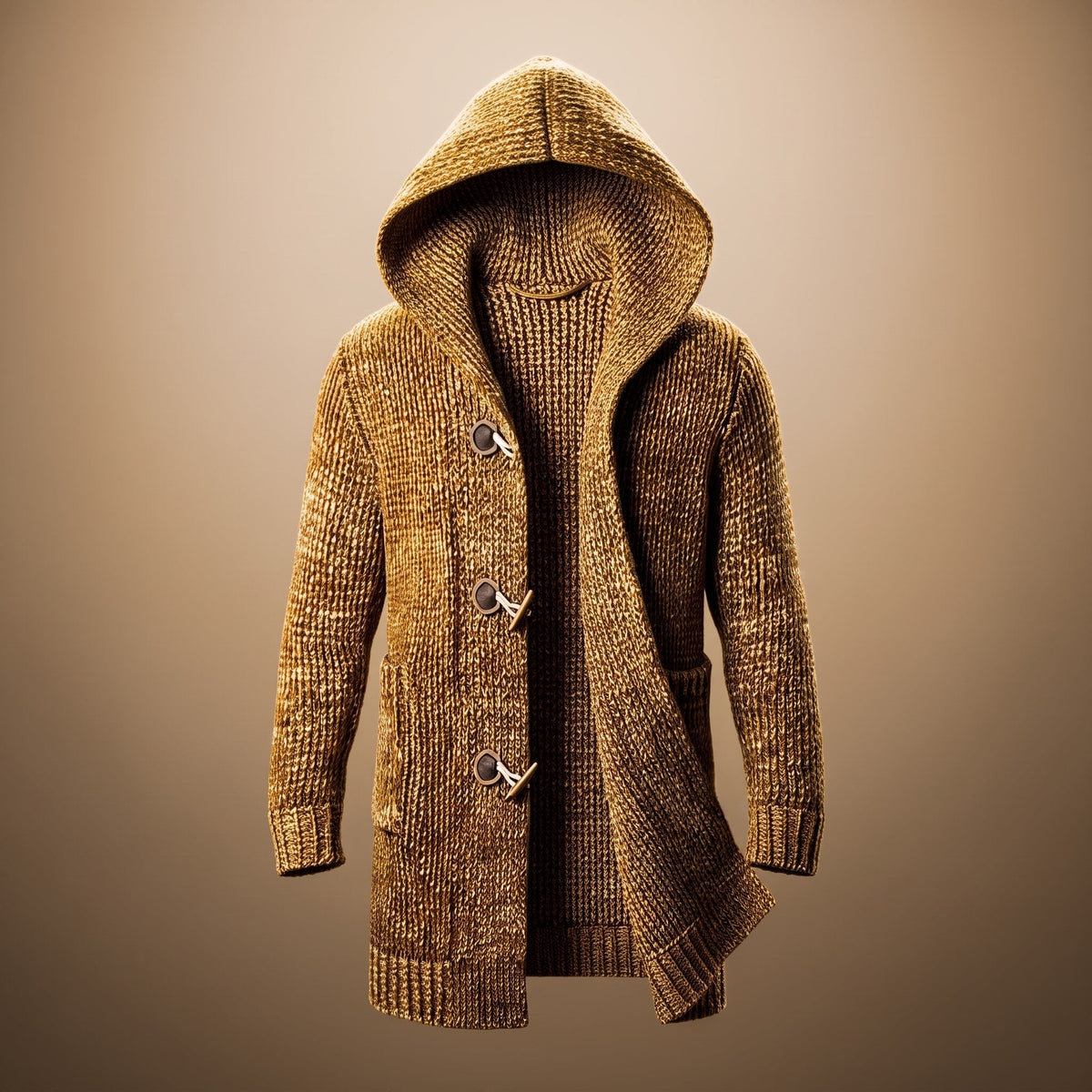 Adrian - Men's Longline Hooded Knit Cardigan with Toggle Buttons - Cardigans - Brown - Parker&Brooks