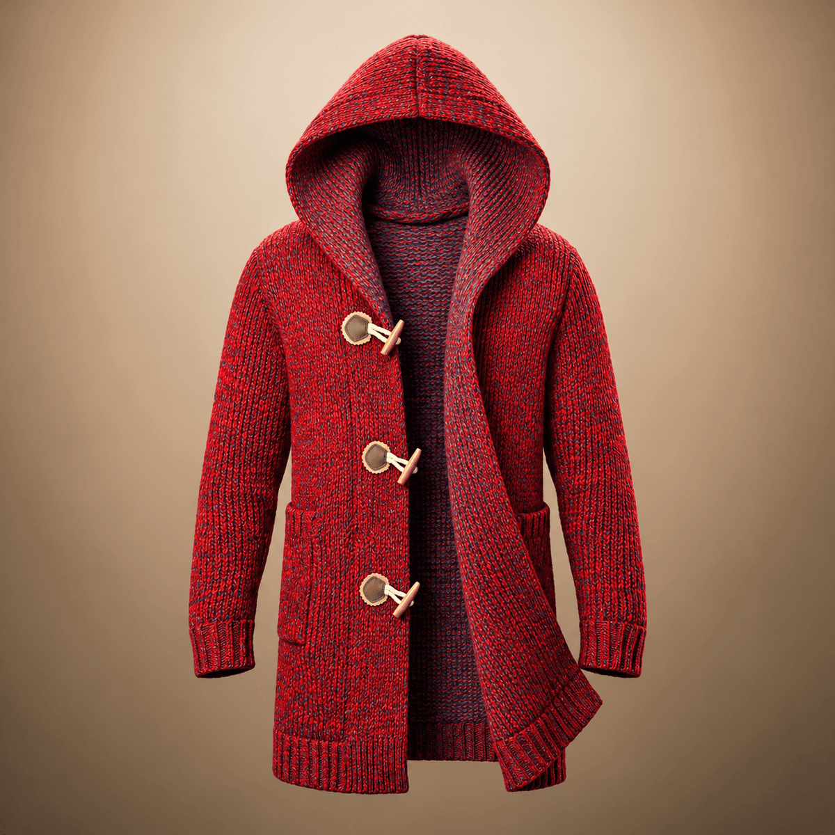 Adrian - Men's Longline Hooded Knit Cardigan with Toggle Buttons - Cardigans - Red - Sarvento