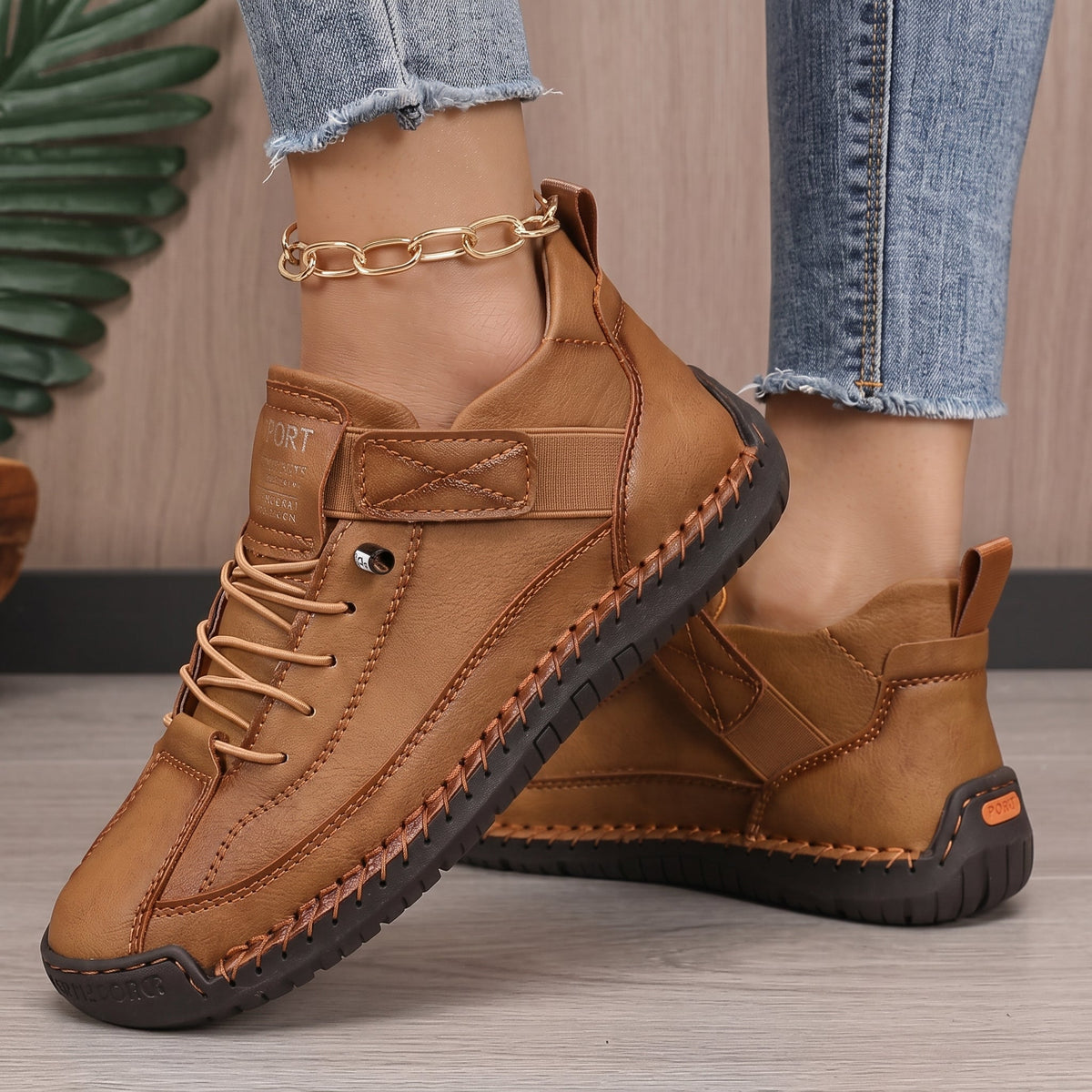 Alice - Women's Orthopedic Lace-Up Sneakers with Stitched Panels - Sneakers - Brown - Parker&Brooks
