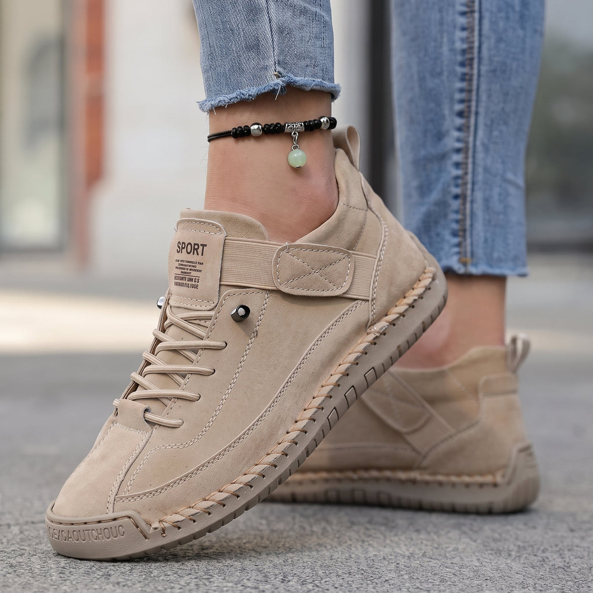 Alice - Women's Orthopedic Lace-Up Sneakers with Stitched Panels - Sneakers - Beige - Parker&Brooks