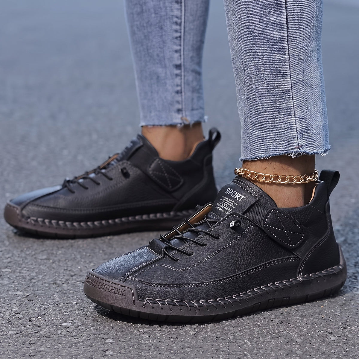 Alice - Women's Orthopedic Lace-Up Sneakers with Stitched Panels - Sneakers - Black - Parker&Brooks