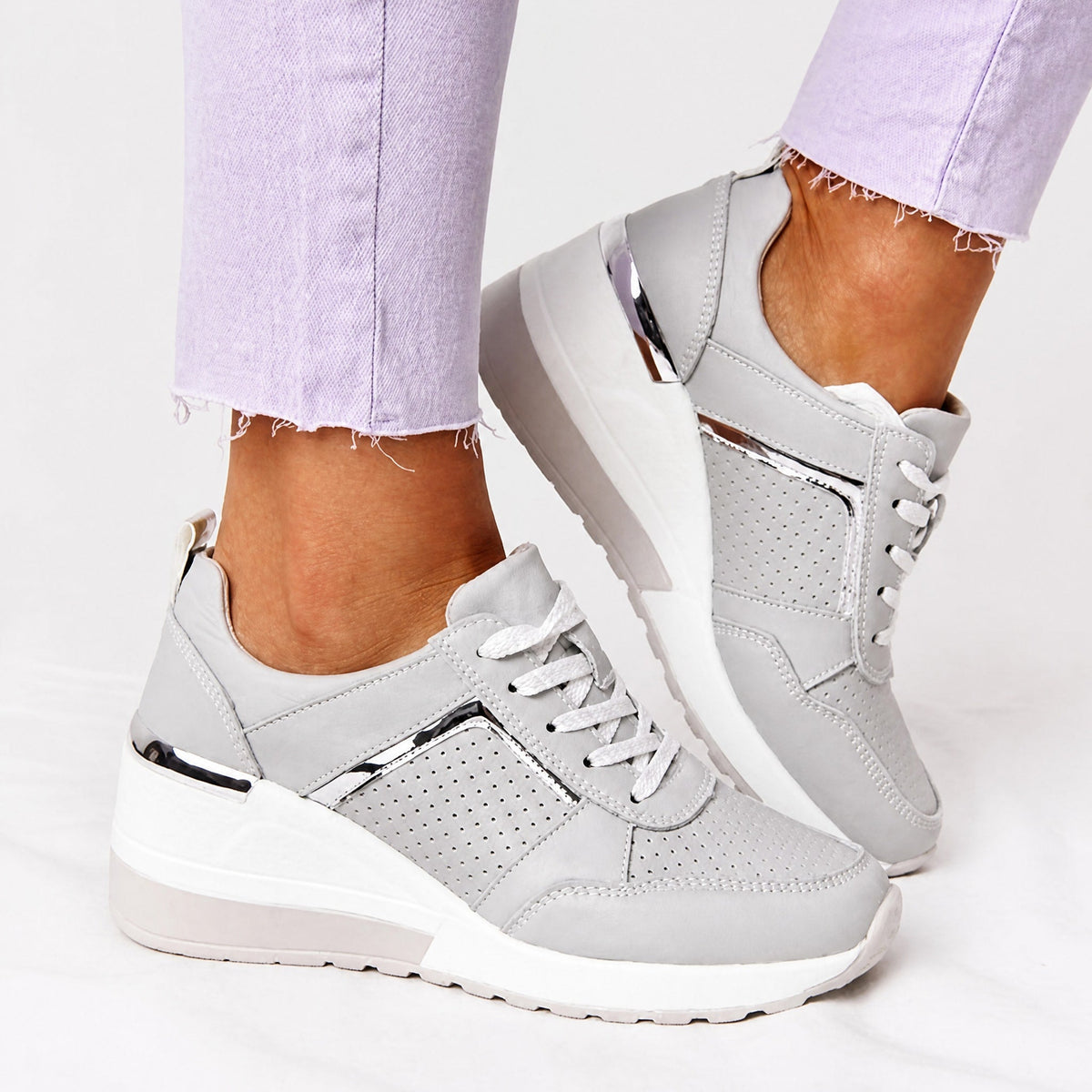 Alice - Women's Orthopedic Wedge Sneakers with Metallic Panel Detail - Sneakers - Gray - Parker&Brooks