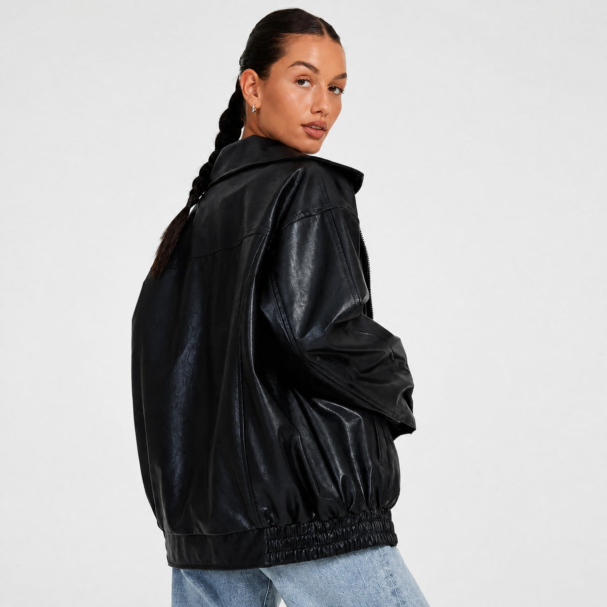 Althea - Women's Oversized Collared Zip-Up Leather Jacket - Bomber Jackets - Black - Parker&Brooks