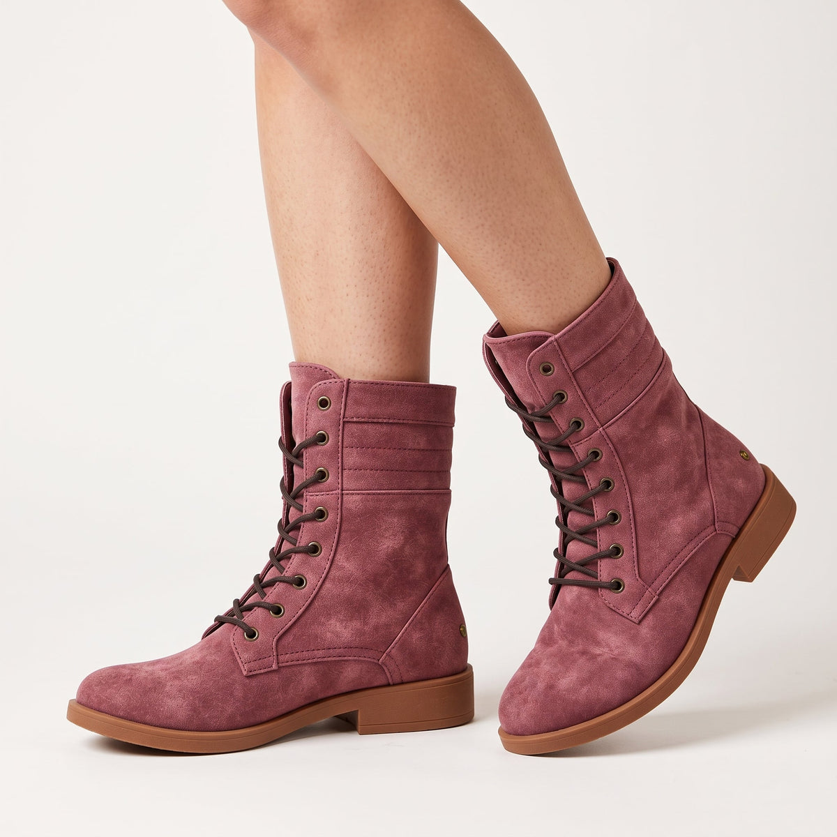 Ambre - Women's Lace-Up Mid-Calf Combat Boots with Fold-Over Cuff - Boots - Red - Sarvento