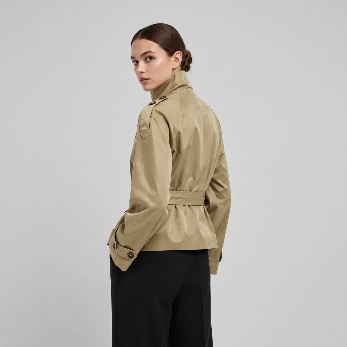 Amelia - Women's Double-Breasted Cropped Trench Jacket with Stand Collar - Trench Coats - Beige - Parker&Brooks
