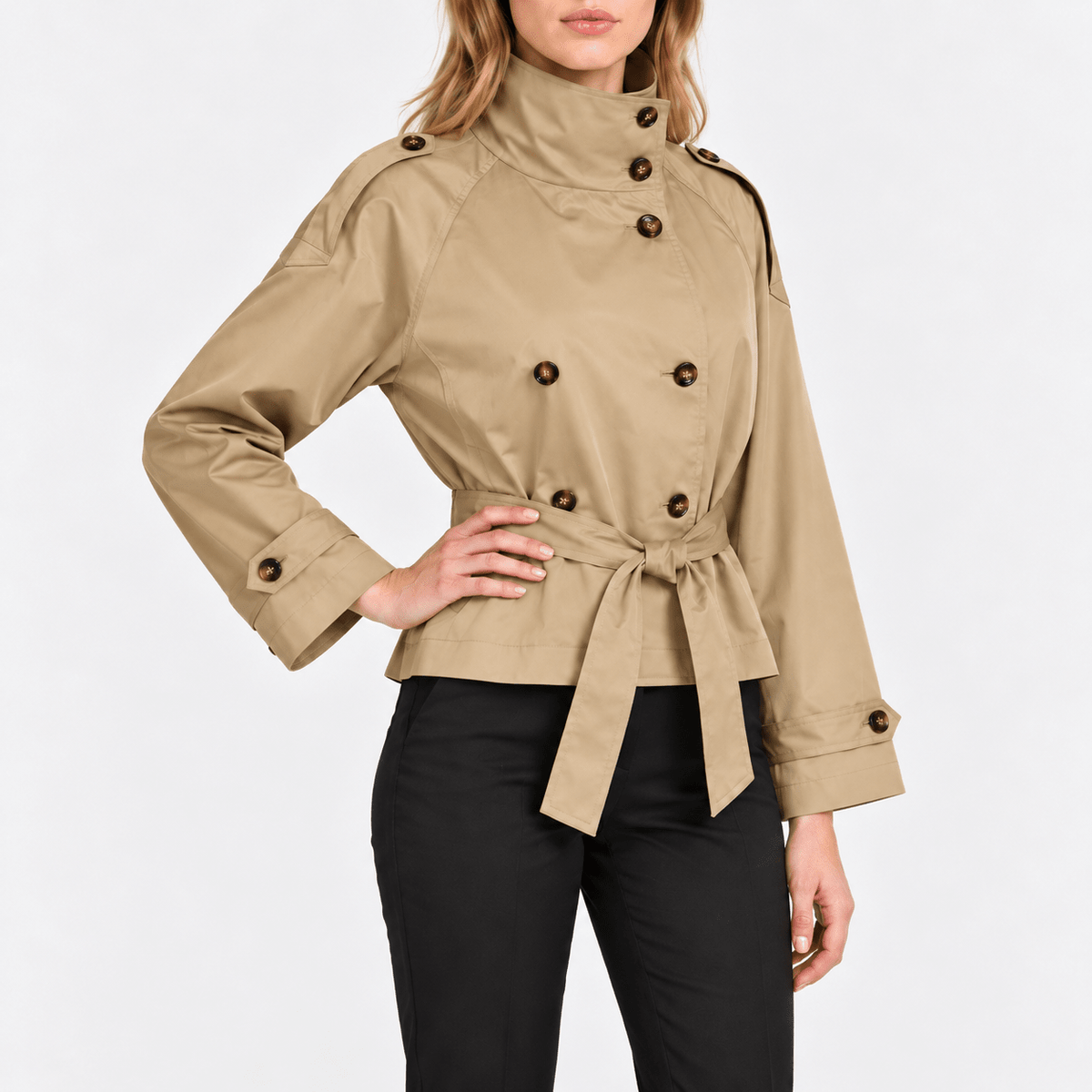 Amelia - Women's Double-Breasted Cropped Trench Jacket with Stand Collar - Trench Coats - Beige - Sarvento