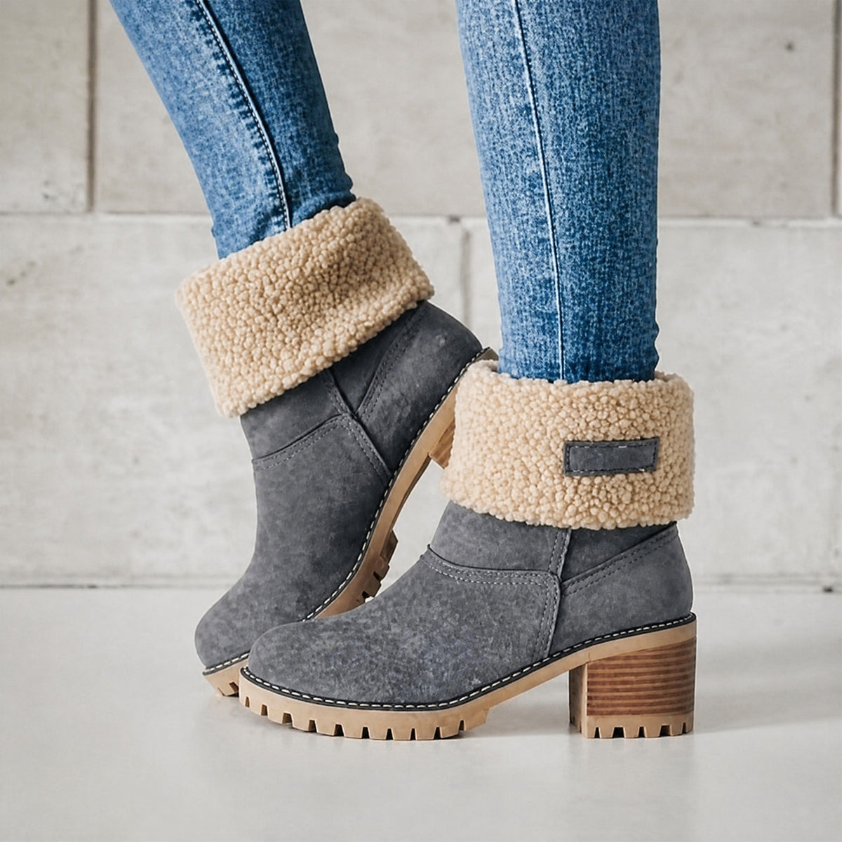 Amelia - Women's Fur-Lined Mid-Calf Snow Boots with Block Heel - Boots - Gray - Sarvento