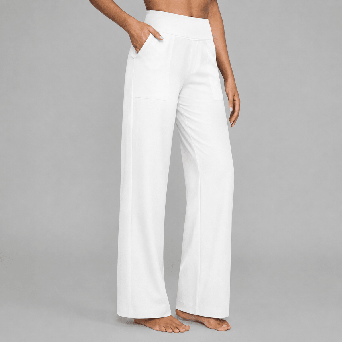 Amelia - Women's High-Waisted Wide-Leg Trousers with Pockets - Trousers - White - Parker&Brooks