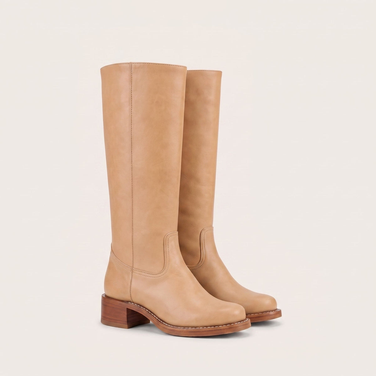 Amelia - Women's Knee-High Boots with Side Zip and Block Heel - Boots - Beige - Parker&Brooks