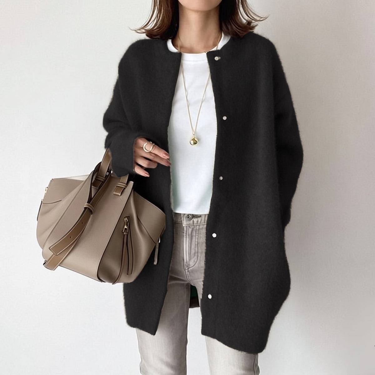 Amelia - Women's Round Neck Snap-Button Longline Oversized Cardigan - Cardigans - Black - Sarvento