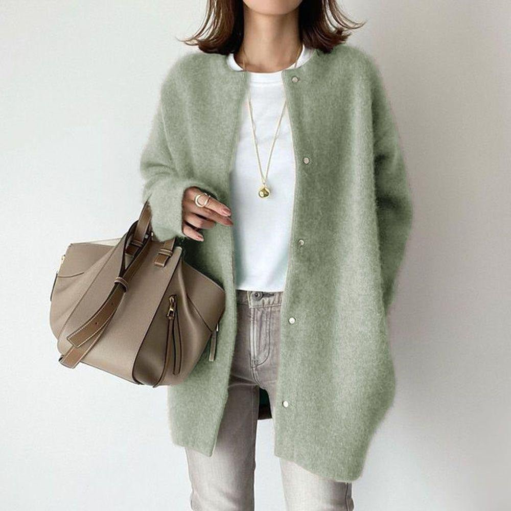 Amelia - Women's Round Neck Snap-Button Longline Oversized Cardigan - Cardigans - Green - Sarvento
