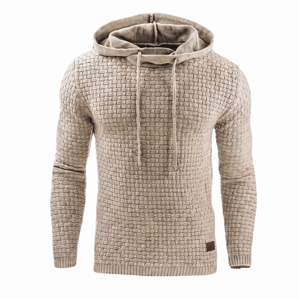 Arthur - Men's Basketweave Knit Hooded Sweater with Ribbed Cuffs - Hoodies - Beige - Sarvento