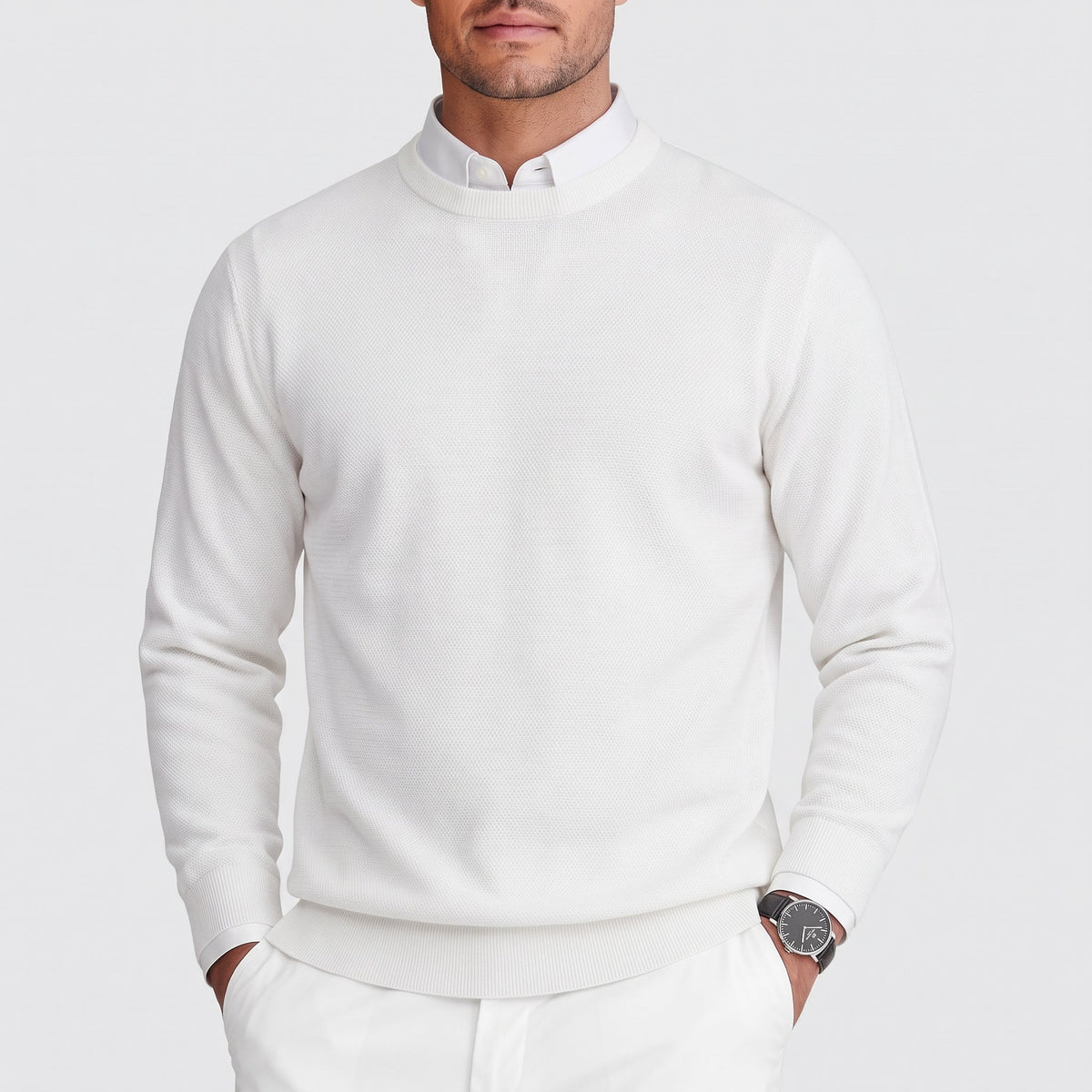 Arthur - Men's Relaxed Fit Crew Neck Sweater with Ribbed Trim - Sweaters - White - Sarvento