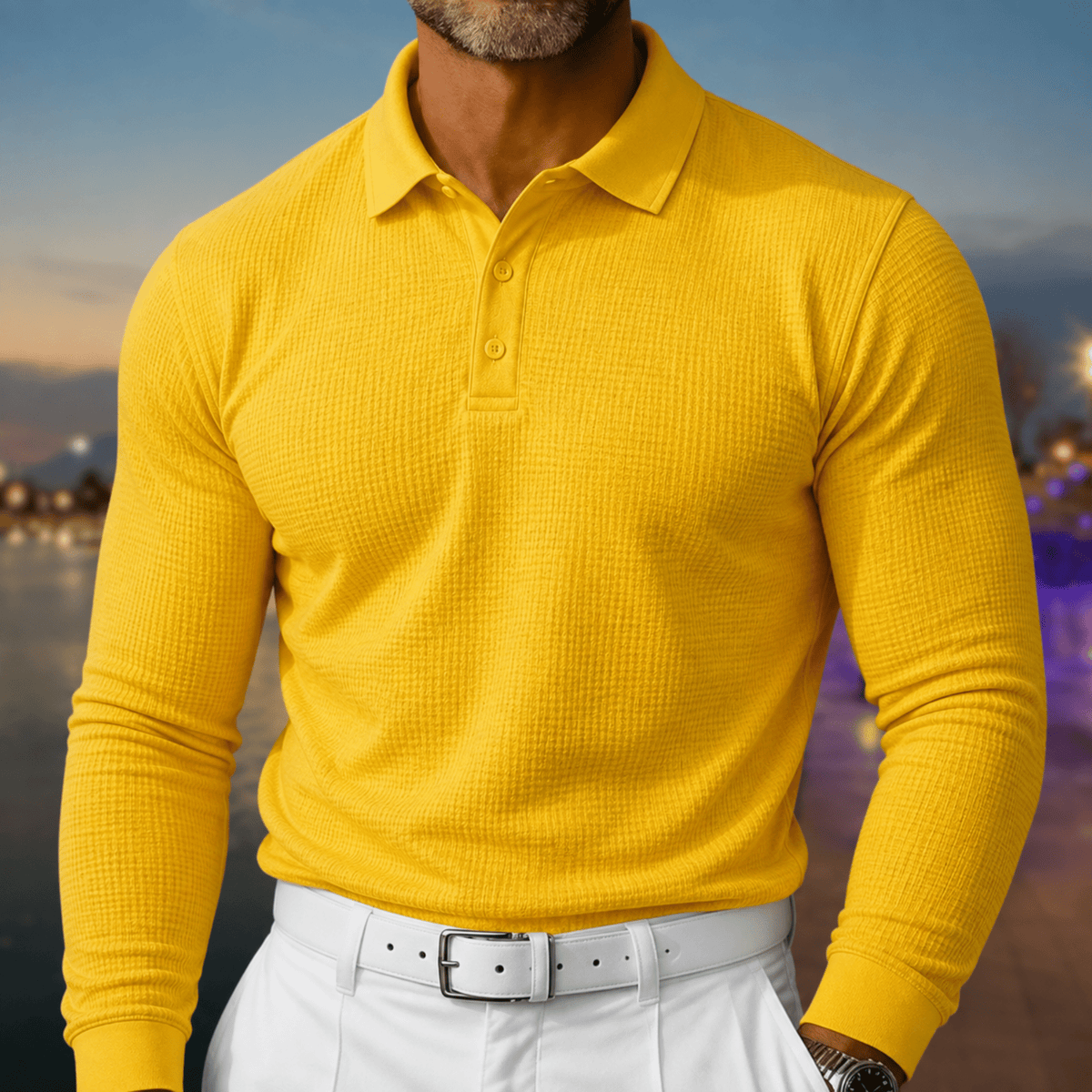 Arthur - Men's Slim Fit Textured Long Sleeve Polo Shirt - Polos - Yellow - Parker&Brooks