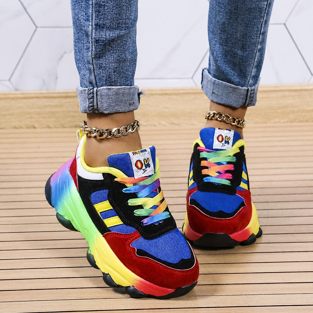 Ava - Women's Orthopedic Rainbow Multicolor Chunky Sneakers - Sneakers - Black - Parker&Brooks