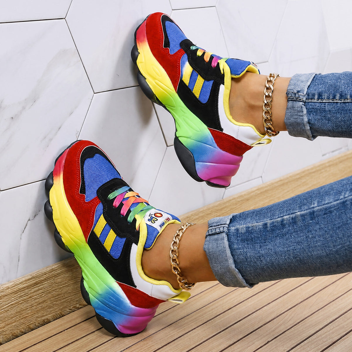 Ava - Women's Orthopedic Rainbow Multicolor Chunky Sneakers - Sneakers - Black - Parker&Brooks