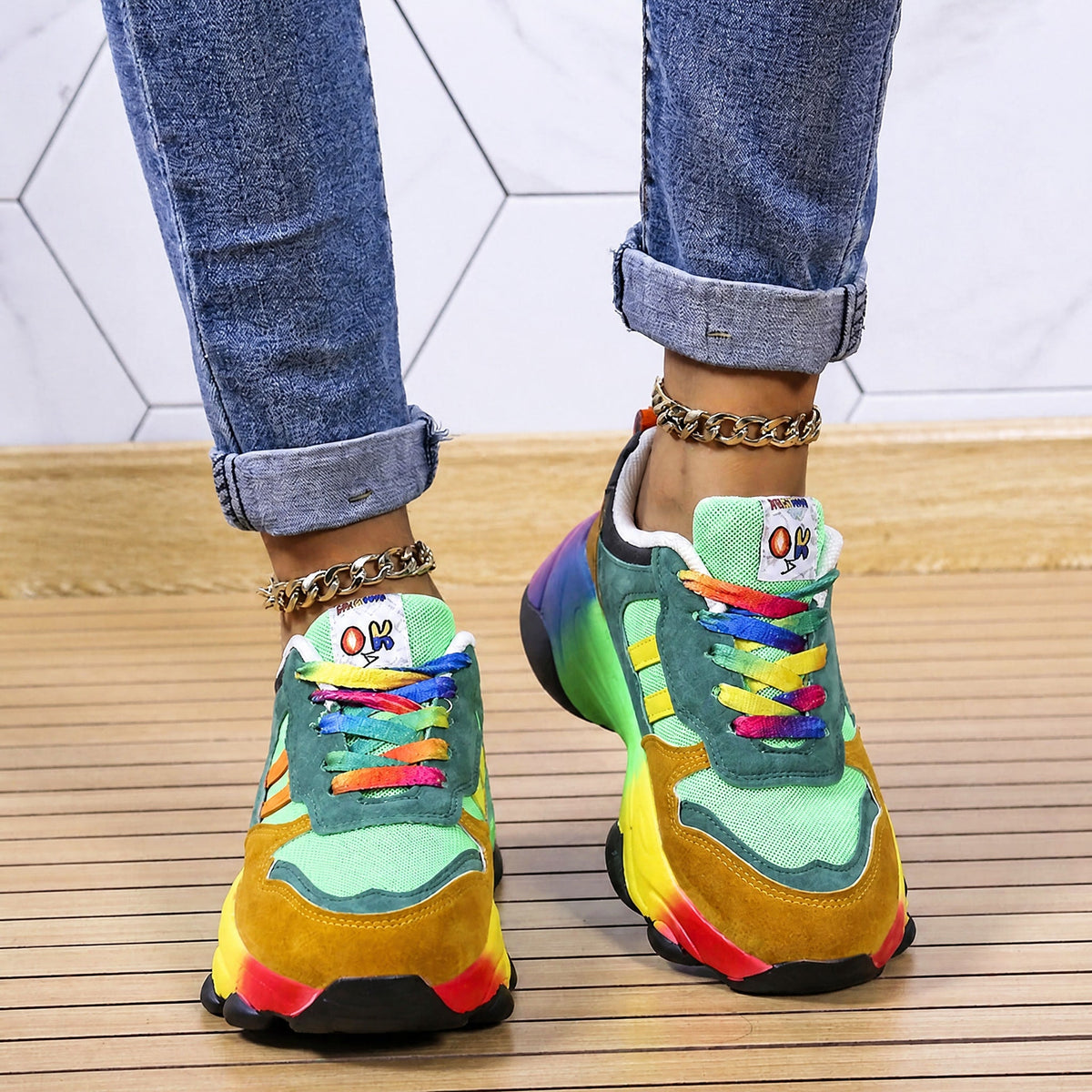 Ava - Women's Orthopedic Rainbow Multicolor Chunky Sneakers - Sneakers - Green - Parker&Brooks