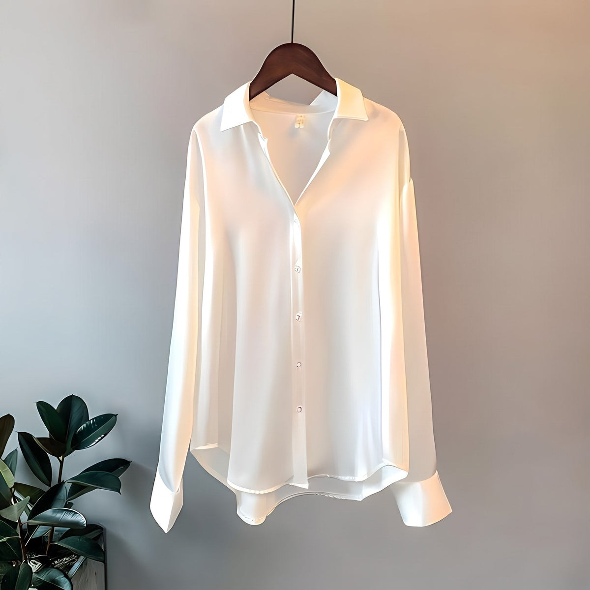 Avery - Women's Oversized Satin-Look Blouse with Point Collar - Blouses - White - Parker&Brooks