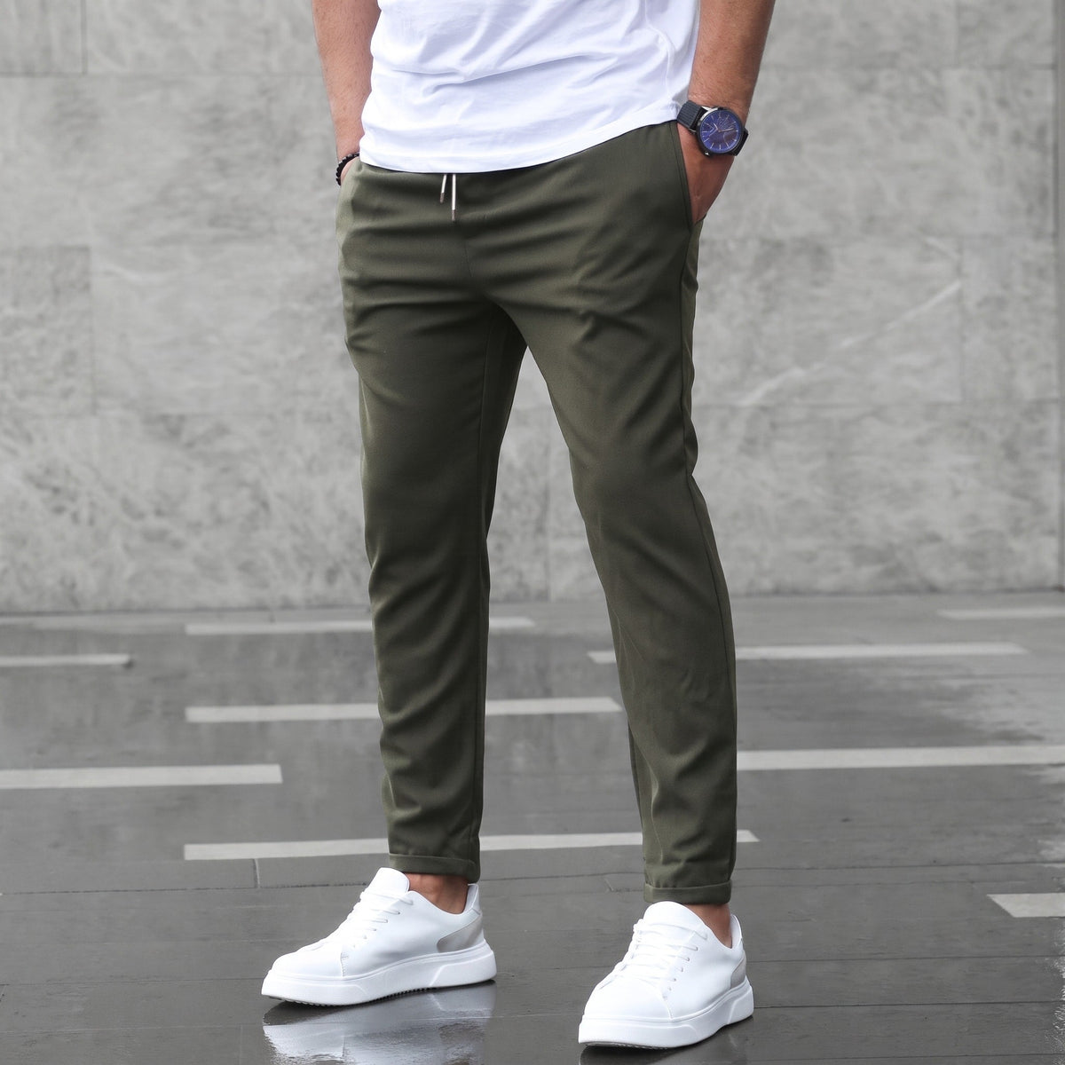 Benedict - Men's Slim Fit Jogger Trousers with Drawstring Waist - Joggers - Army Green - Parker&Brooks