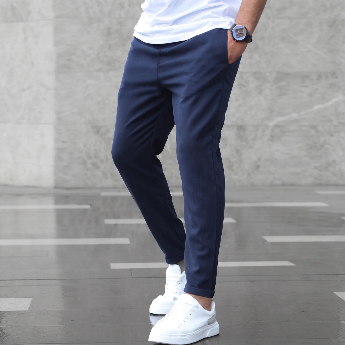 Benedict - Men's Slim Fit Jogger Trousers with Drawstring Waist - Joggers - Navy Blue - Parker&Brooks