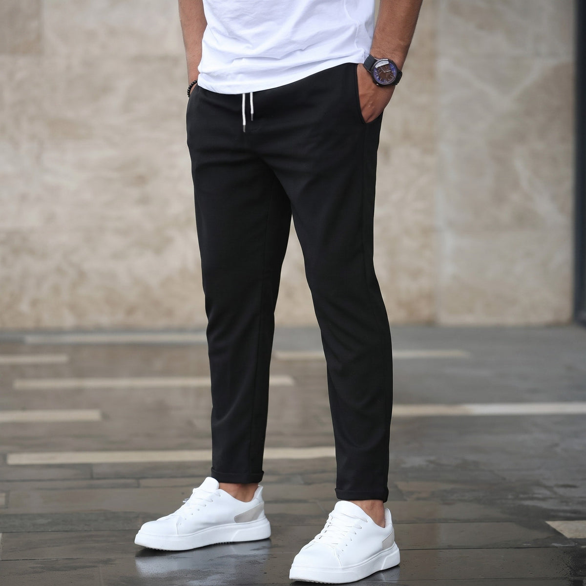 Benedict - Men's Slim Fit Jogger Trousers with Drawstring Waist - Joggers - Black - Parker&Brooks