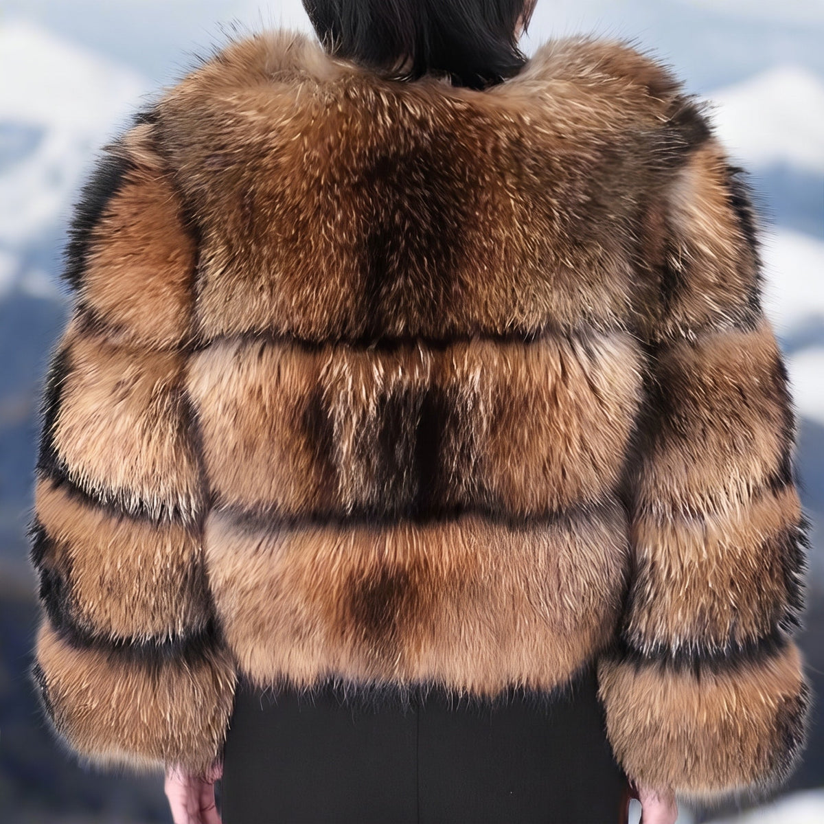 Camille - Women's Faux Fur Cropped Jacket with High Neck and Side Pockets - Coats & Jackets - Brown - Sarvento