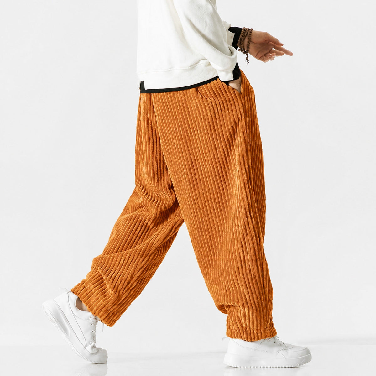Charlie - Men's Corduroy Wide-Leg Harem Pants with Drawstring Waist - Trousers - Orange - Parker&Brooks