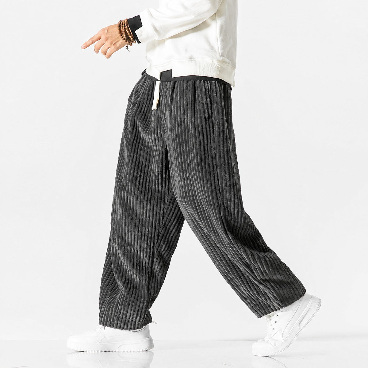Charlie - Men's Corduroy Wide-Leg Harem Pants with Drawstring Waist - Trousers - Gray - Parker&Brooks
