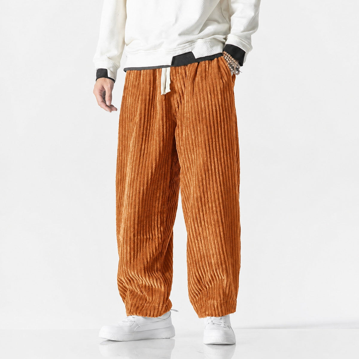Charlie - Men's Corduroy Wide-Leg Harem Pants with Drawstring Waist - Trousers - Orange - Parker&Brooks
