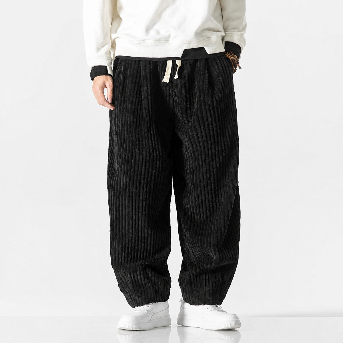Charlie - Men's Corduroy Wide-Leg Harem Pants with Drawstring Waist - Trousers - Black - Parker&Brooks