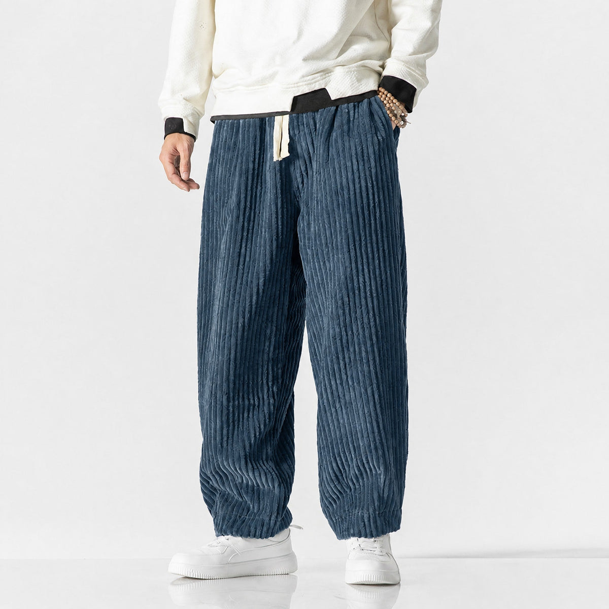 Charlie - Men's Corduroy Wide-Leg Harem Pants with Drawstring Waist - Trousers - Dark Blue - Parker&Brooks