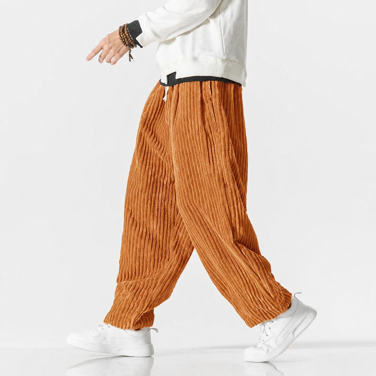 Charlie - Men's Corduroy Wide-Leg Harem Pants with Drawstring Waist - Trousers - Orange - Parker&Brooks