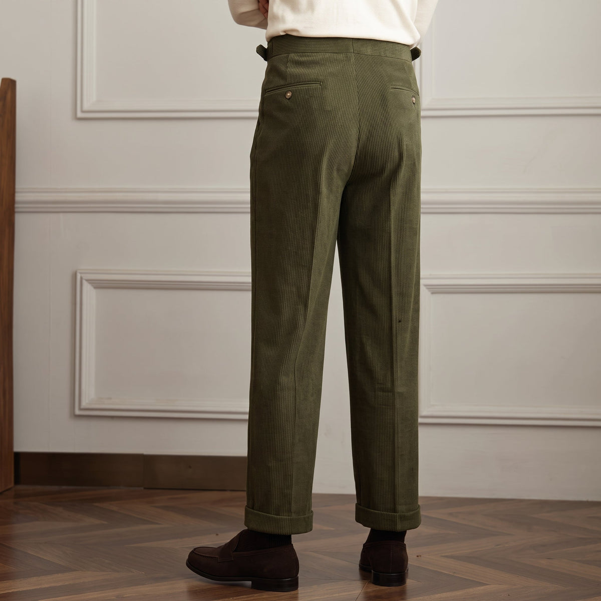 Charlie - Men's High-Waisted Ribbed Texture Trousers - Trousers - Cream - Parker&Brooks