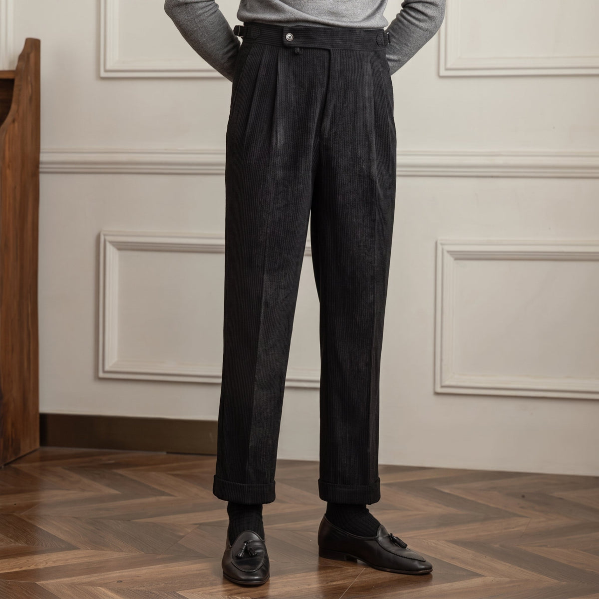 Charlie - Men's High-Waisted Ribbed Texture Trousers - Trousers - Black - Parker&Brooks