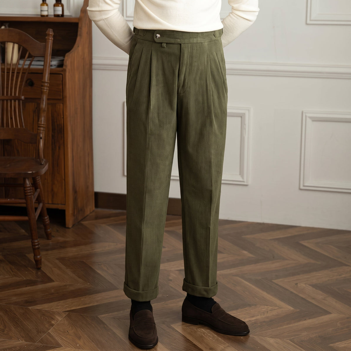 Charlie - Men's High-Waisted Ribbed Texture Trousers - Trousers - Green - Parker&Brooks