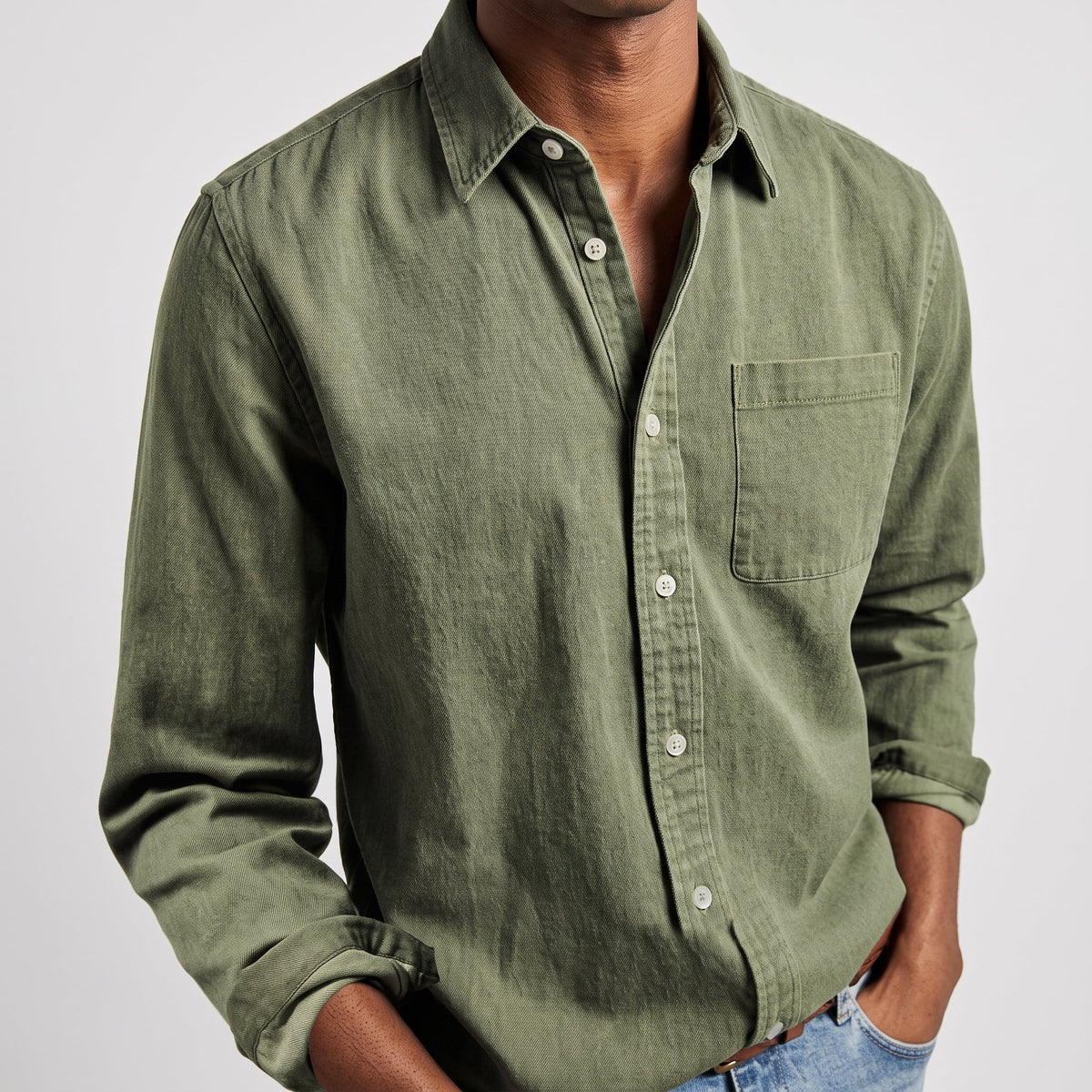 Charlie - Men's Relaxed Fit Button-Down Denim-Look Shirt - Shirts - Green - Parker&Brooks