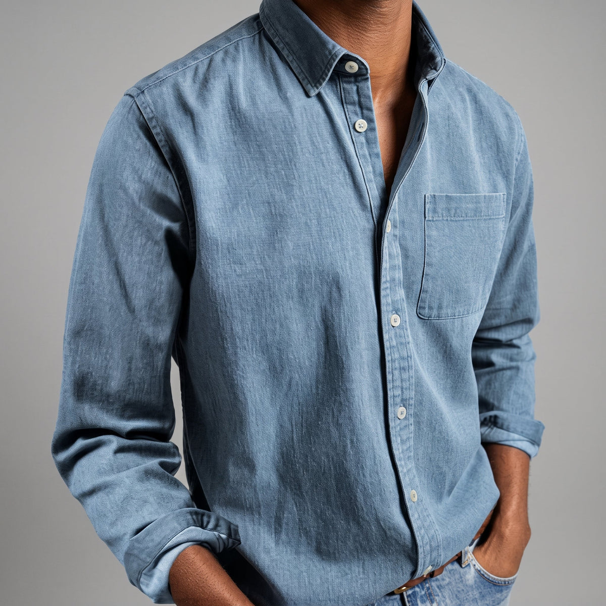 Charlie - Men's Relaxed Fit Button-Down Denim-Look Shirt - Shirts - Light Blue - Parker&Brooks