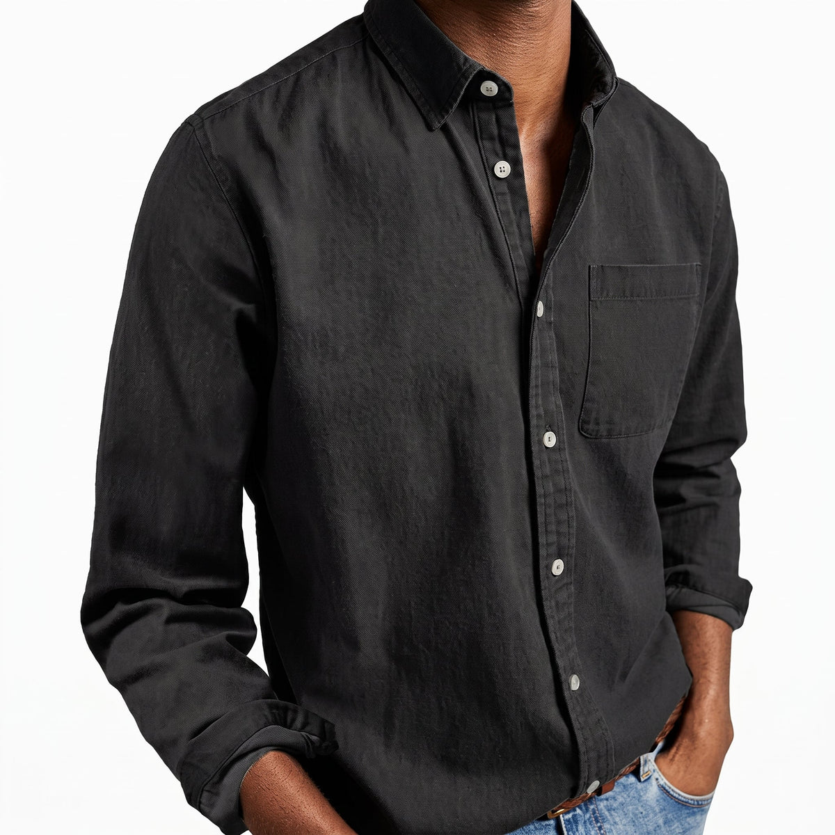 Charlie - Men's Relaxed Fit Button-Down Denim-Look Shirt - Shirts - Black - Parker&Brooks